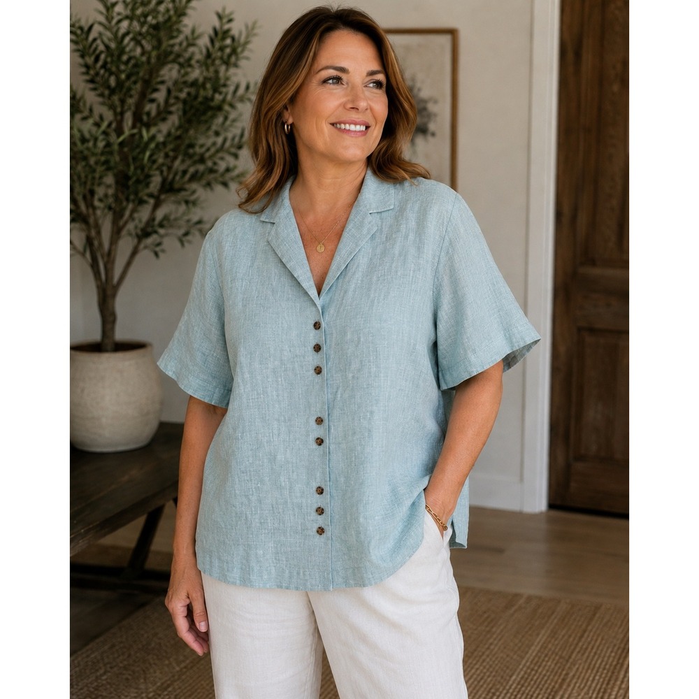 Lafayette 148 Shirt Womens 2X NWOT Blue 100% Linen Short Sleeve Notch Lapel